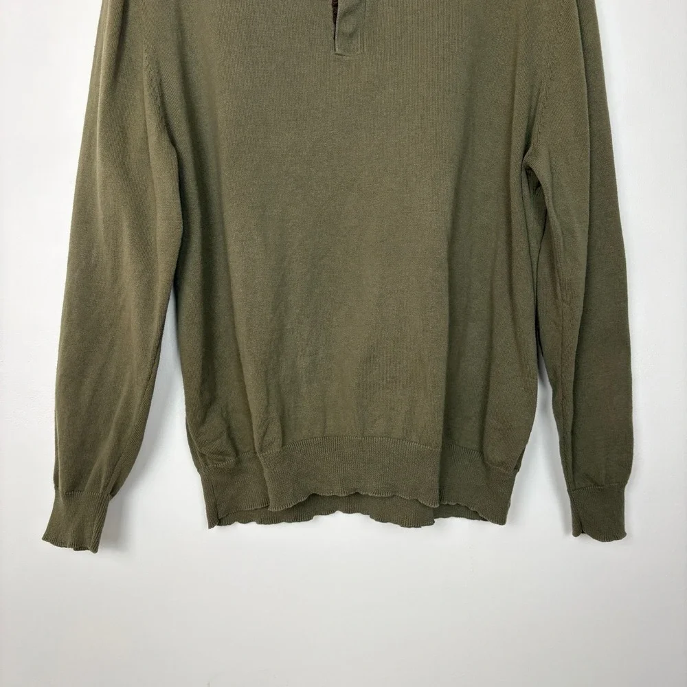 John Bartlett Men Henley Sweater Large Olive Green Elbow Patches Academia Preppy